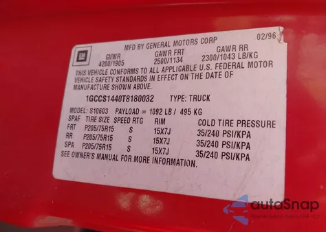 1996 Chevrolet S Truck S10 z USA, uszkodzony, nr VIN 1GCCS1440T8180032